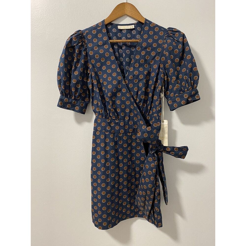 NWT Happy X Nature Polka Dot Wrap VNeck Dress $98 100% Cotton Brown Navy Blue XS